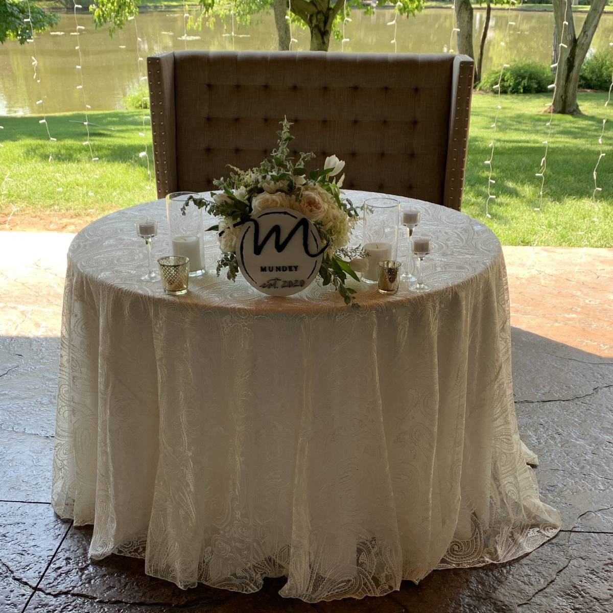 Table 36" Round Wood Topped With 96" Round Ivory Solid Tablecover And Ivory Paisley Lace Table Over With Love Seat